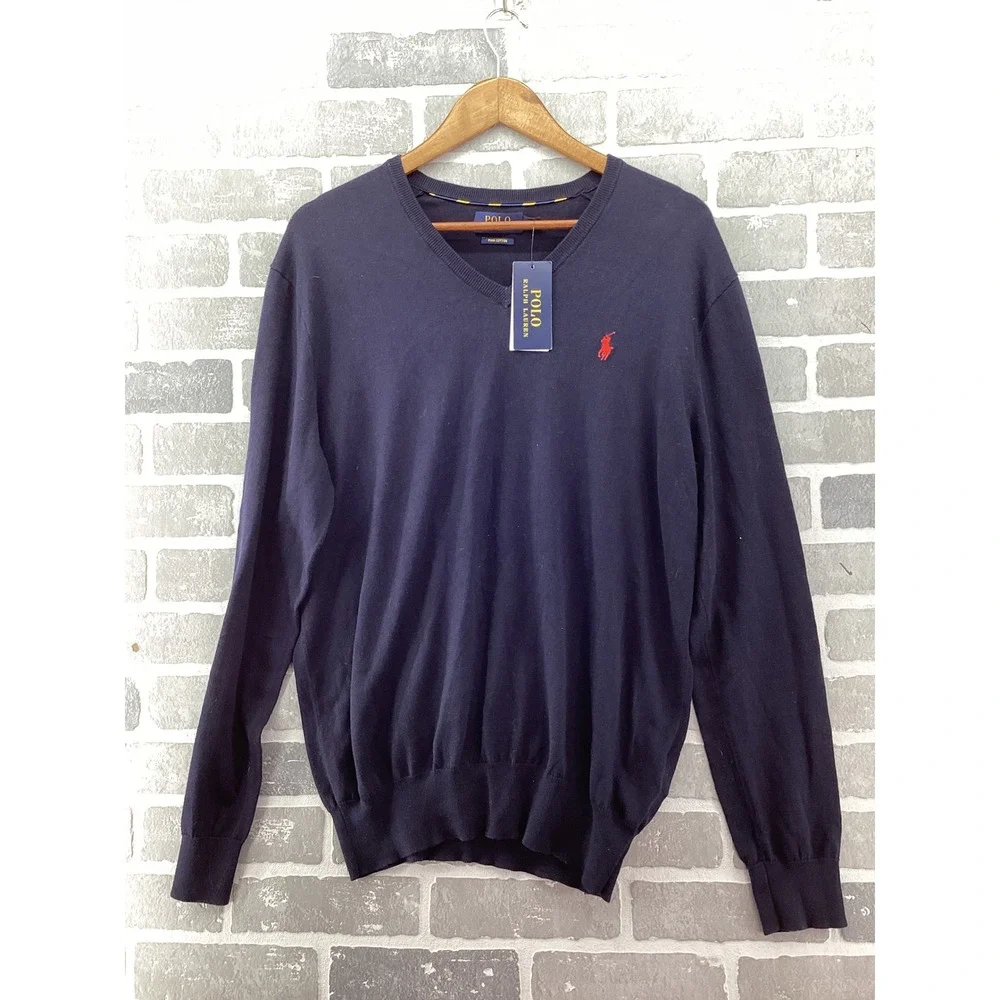 Polo Ralph Lauren Mens Navy Blue Pima Cotton V-Neck Sweater Size M 710744675002